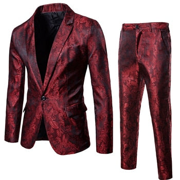 maoxiangshop (Jackets + Pants) Men Business Casual Slim Suit Sets Fashion printed Tuxedo Wedding formal dress Blazer stage performances Suit