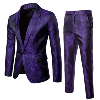 maoxiangshop (Jackets + Pants) Men Business Casual Slim Suit Sets Fashion printed Tuxedo Wedding formal dress Blazer stage performances Suit