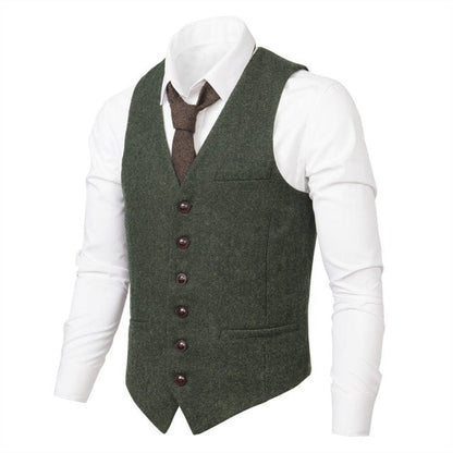 VOBOOM Wool Tweed Mens Waistcoat Single-breasted Herringbone Slim Fitted Suit Vests 007