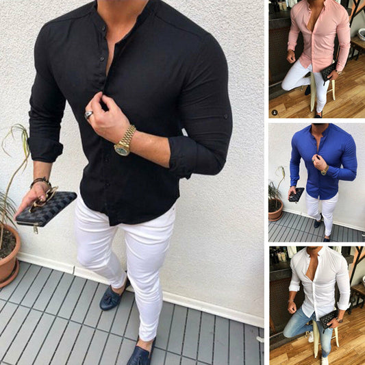 maoxiangshop Hot Fashion Men's Linen Cotton Button Long Sleeve Slim Fitness Shirt Slim Fit Casual Male Shirts Pure Color Blouse Tops