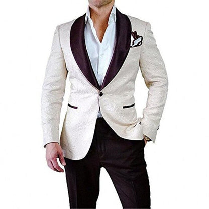 maoxiangshop Groomsmen Ivory Pattern Groom Tuxedos Shawl Lapel Men Suits 2 Pieces Wedding Best Man Blazer ( Jacket+Pants+Tie ) C588