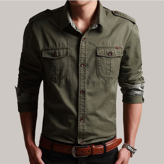 maoxiangshop New 100% Cotton Shirt With Epaulette Men Long Sleeve Breathable Casual Shirts Man Solid Shirt Slim Fit Male Shirts