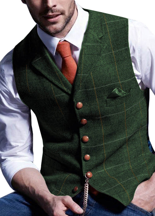 maoxiangshop Mens Suit Vest Notched Plaid Wool Herringbone Tweed Waistcoat Casual Formal Business Groomman For Wedding Green/Black/Green/Grey