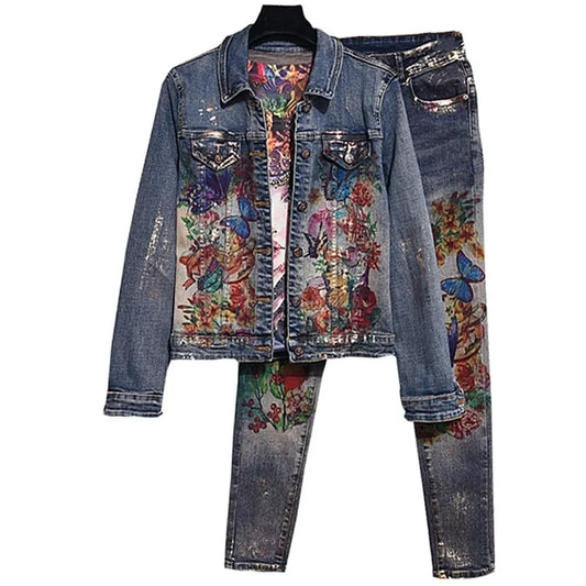 Flowers Print Jacket Pants Suit Two Pcs Elastic Material Painting Fashion Trends Women Jacket Pant Set Skinny Jeans Jacket T200702