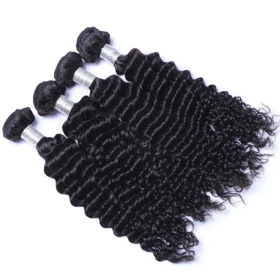 Brazilian Deep Wave Curly Hair 3 Bundles with Closure Free Middle 3 Part Double Weft Human Hair Extensions Dyeable Human Hair Weave