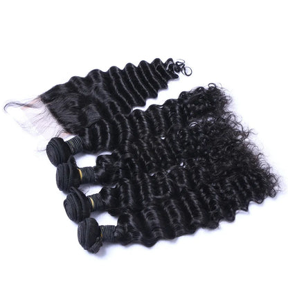 Brazilian Deep Wave Curly Hair 3 Bundles with Closure Free Middle 3 Part Double Weft Human Hair Extensions Dyeable Human Hair Weave