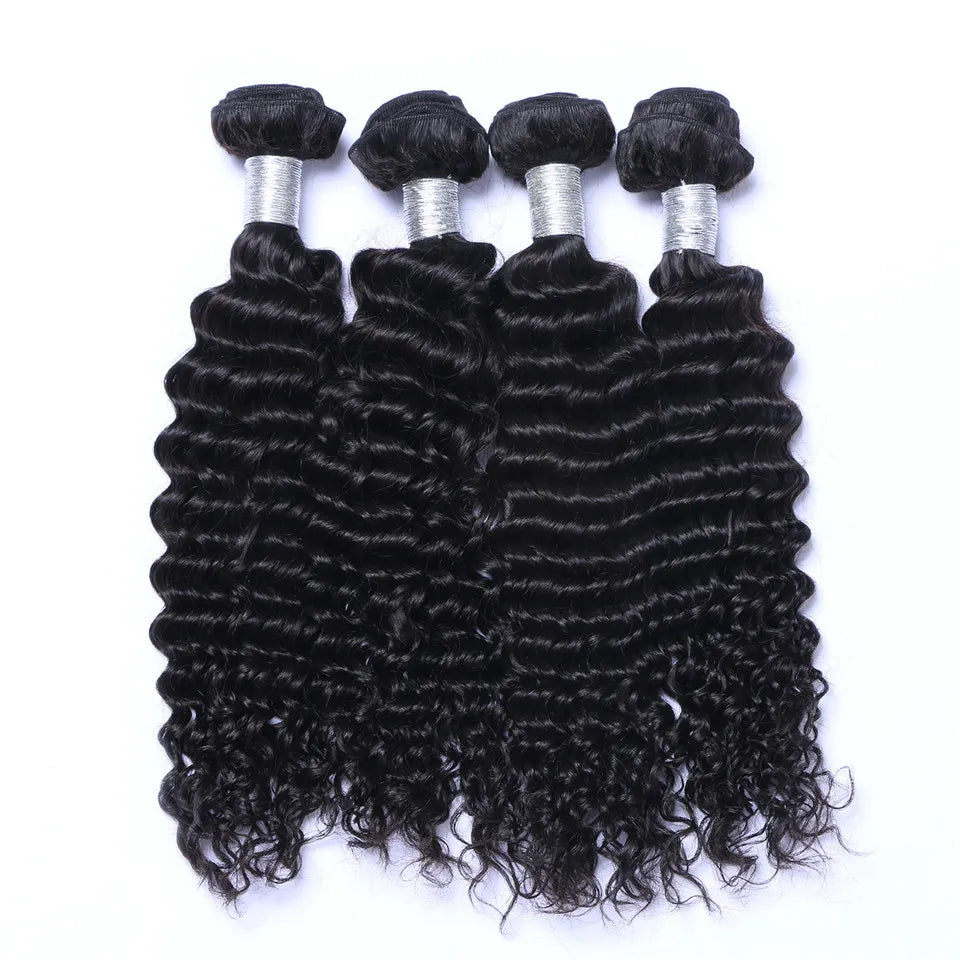 Brazilian Deep Wave Curly Hair 3 Bundles with Closure Free Middle 3 Part Double Weft Human Hair Extensions Dyeable Human Hair Weave