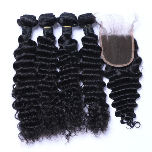 Brazilian Deep Wave Curly Hair 3 Bundles with Closure Free Middle 3 Part Double Weft Human Hair Extensions Dyeable Human Hair Weave