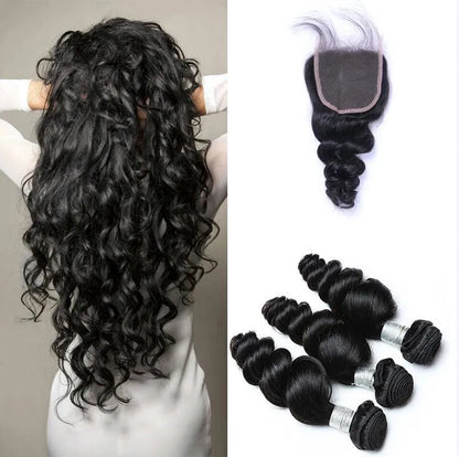 Brazilian Straight Loose Deep Body Wave Curly Human Hair Weaves 3 Bundles With 4x4 Lace Closure Bleach Knots Closures