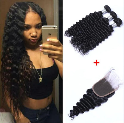 Brazilian Straight Loose Deep Body Wave Curly Human Hair Weaves 3 Bundles With 4x4 Lace Closure Bleach Knots Closures