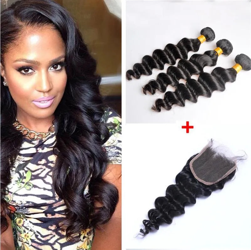 Brazilian Straight Loose Deep Body Wave Curly Human Hair Weaves 3 Bundles With 4x4 Lace Closure Bleach Knots Closures