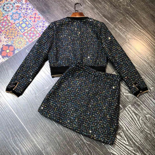 Autumn Winter Elegant Tweed Two Piece Set Women Crop Top Skirt Suit Korean Jacket Coat + 2 Outfits For 210514