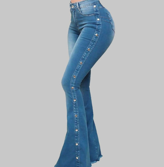 maoxiangshop Women Fashion Plain Button Decor Flare Leg Long Denim Pants Flare Jeans Jeans Ladies High Waist Skinny bottom Wide Leg  Jeans