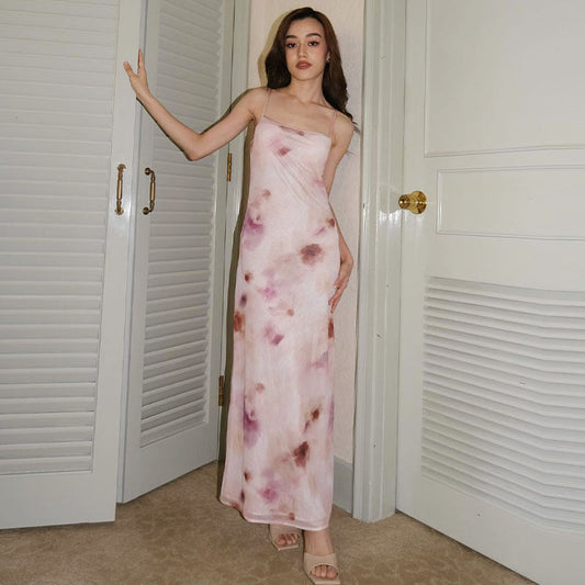 women's clothing summer new French style mature style backless sleeveless slim long printed suspender dress