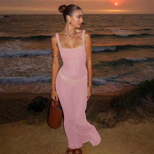 women's clothing summer new sexy hot girl solid color square neck mesh see-through slim long dress female