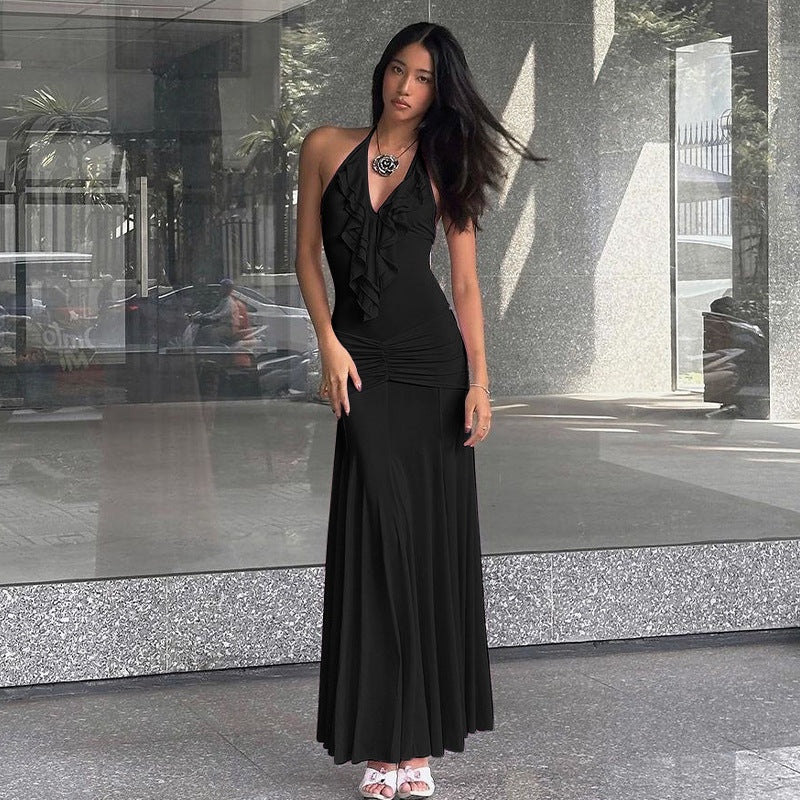 women's clothing summer new  solid color slim high waist fashion halter neck sexy backless dress female