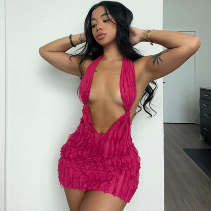 women's new sexy hip skirt  water ripple sexy halter neck backless dress